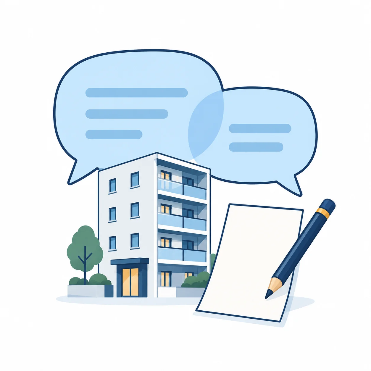 建物・吹き出し・ペンを組み合わせた口コミのイラスト