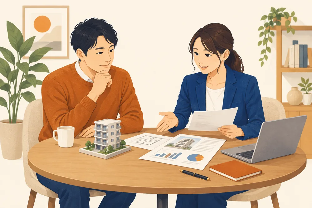 相談者と担当者が、資料を見ながら住まいの出口を考えるイラスト