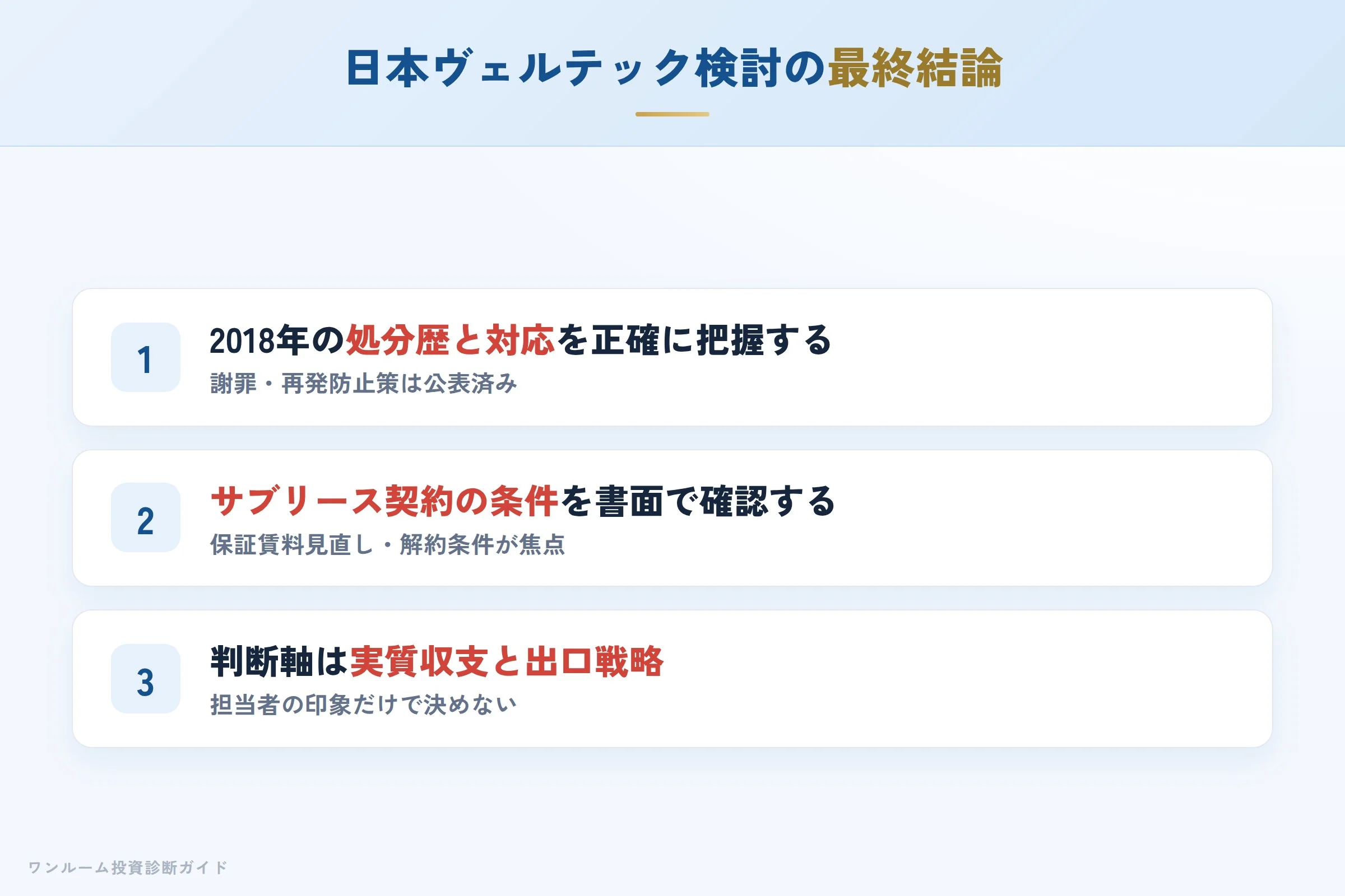 まとめ：日本ヴェルテック検討の最終結論