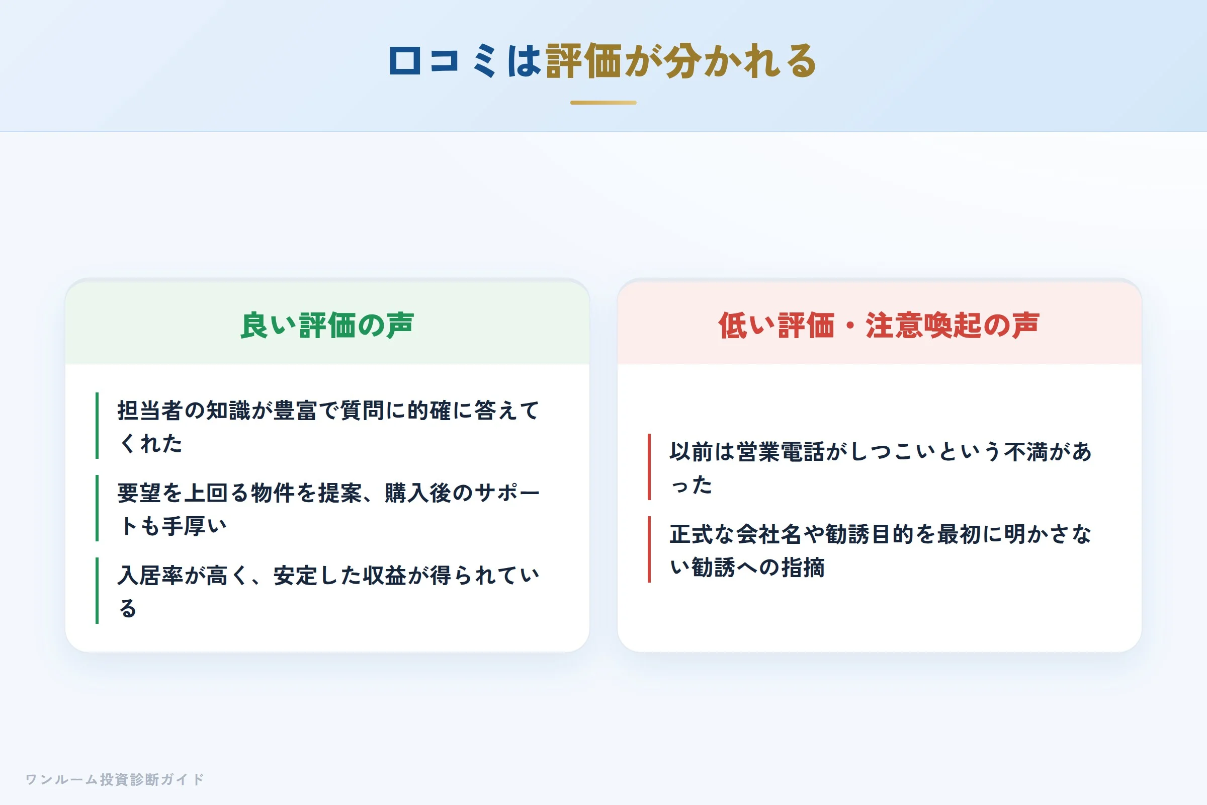 日興レジデンシャルの良い口コミと悪い口コミの対比