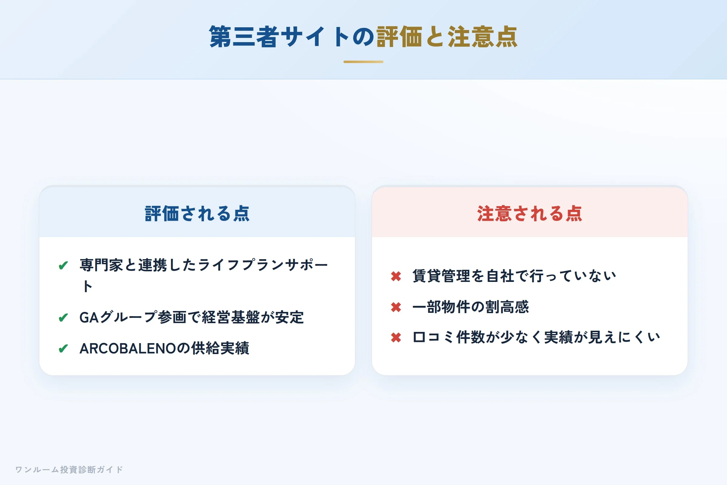 第三者サイトが挙げる評価ポイントと注意点